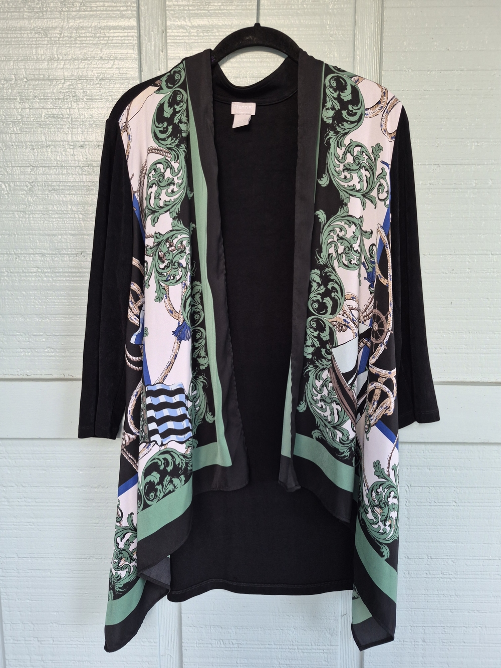 Chicos Black Cardigan Jacket  Green and Blue Print Traverlers Collection 0 Small